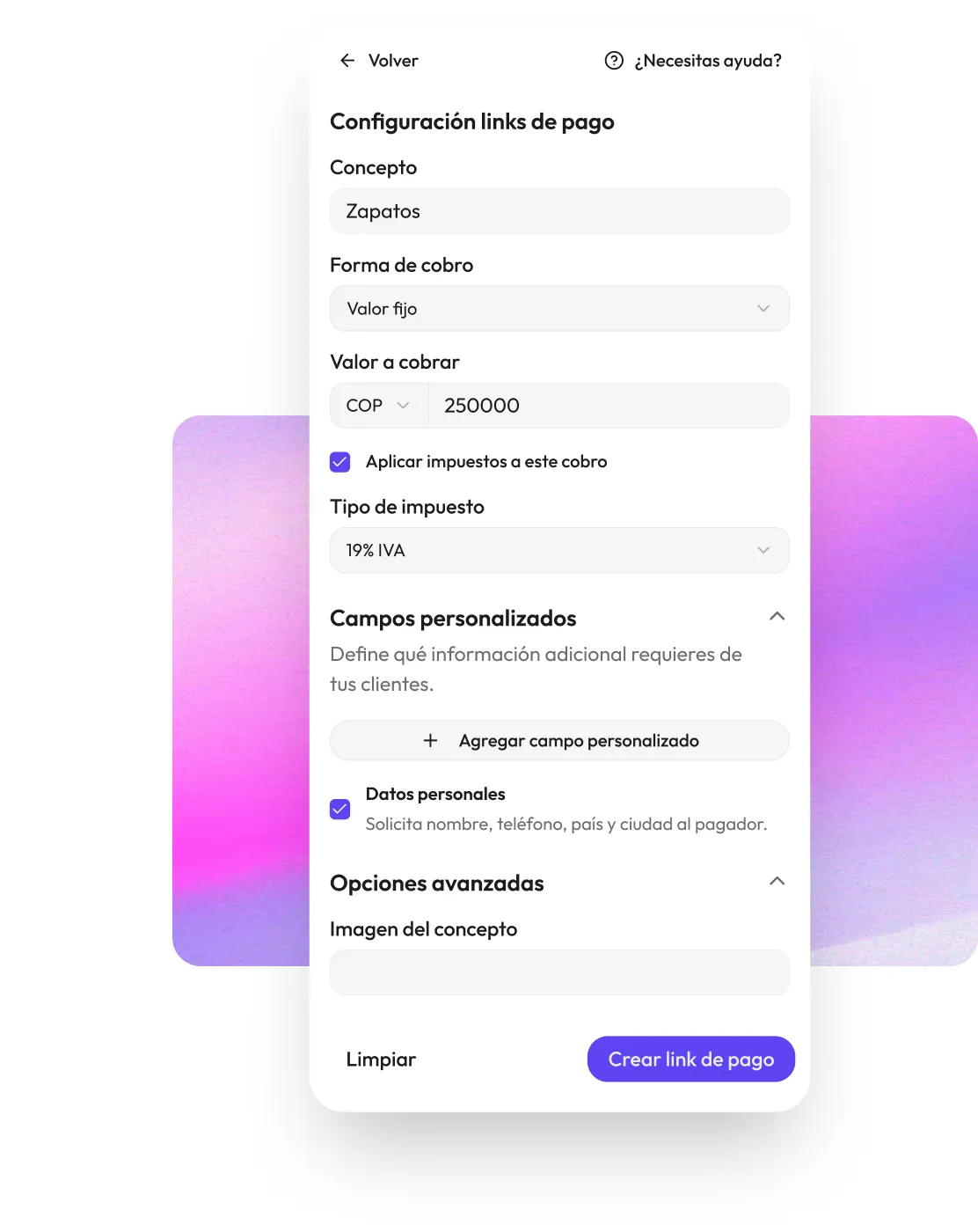 Formulario de configuración de un link de pago en Efipay
